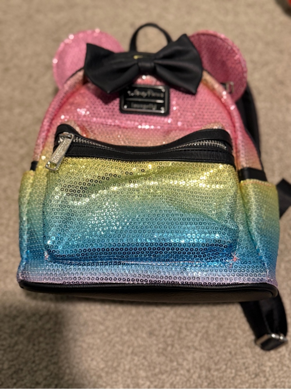 Loungefly Rainbow Sequin Mini Backpack with Black Bow